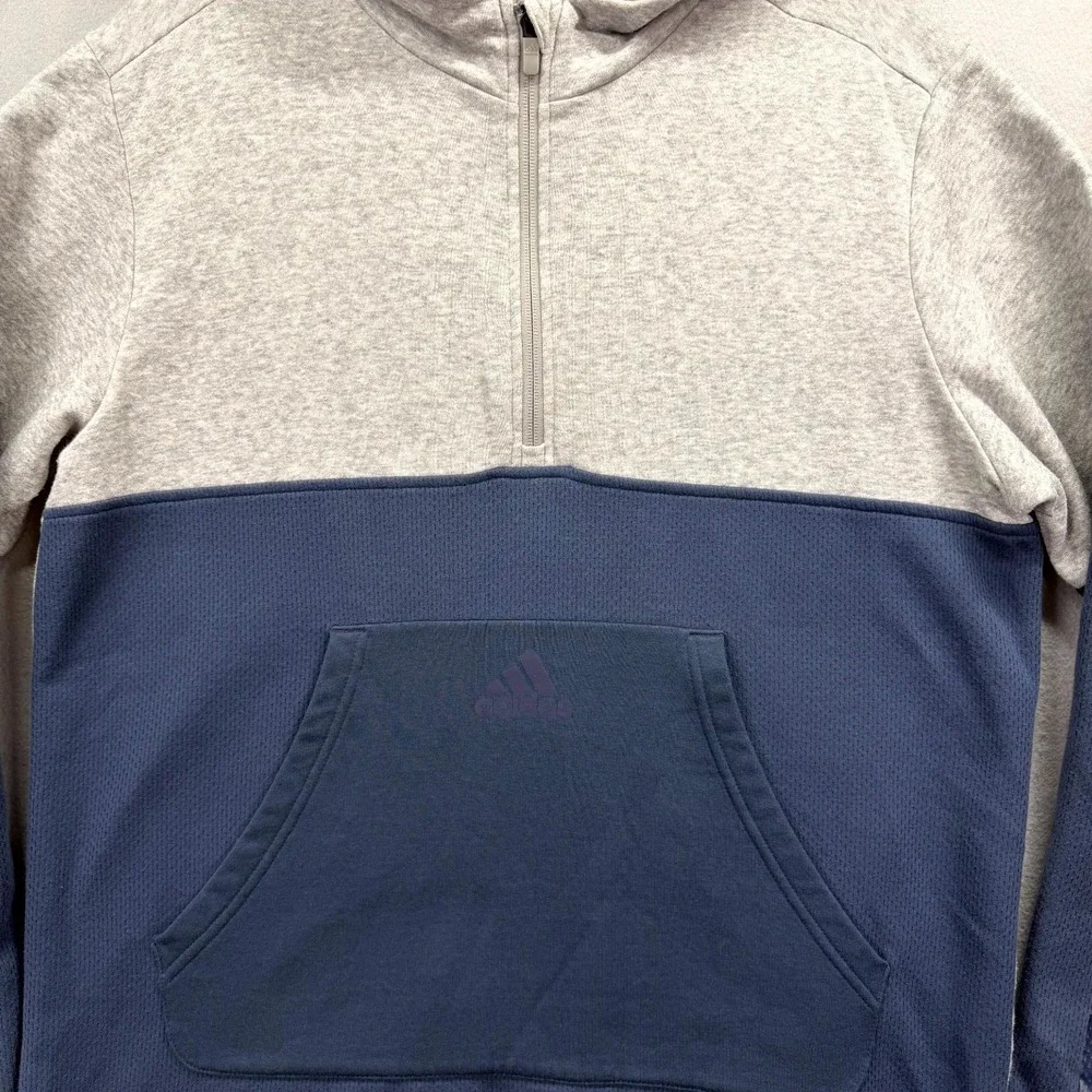 Adidas Fleece Hoodie Mens Large Navy Gray Fleece Lined Three Stripes Quarter Zip